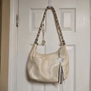 Brighton Barbados pebbled leather hobo purse handbag metallic gold braided